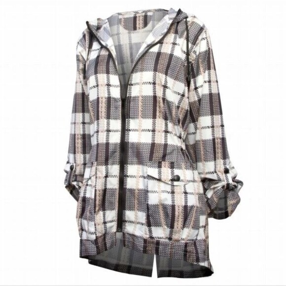 ShedRain Nwt Hi-Lo Packable Rain Jacket Royal Latte BLACK Plaid Medium - Picture 1 of 4